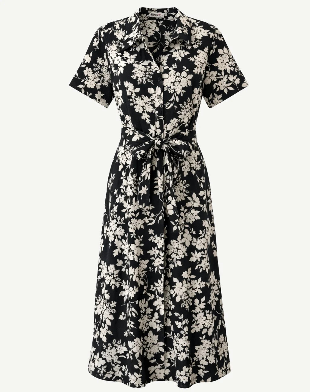 Corfu Black Cream Floral Cotton Shirt Midi Dress