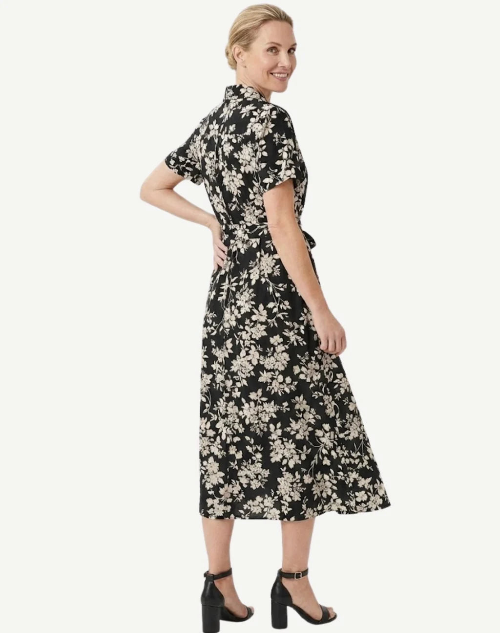 Corfu Black Cream Floral Cotton Shirt Midi Dress