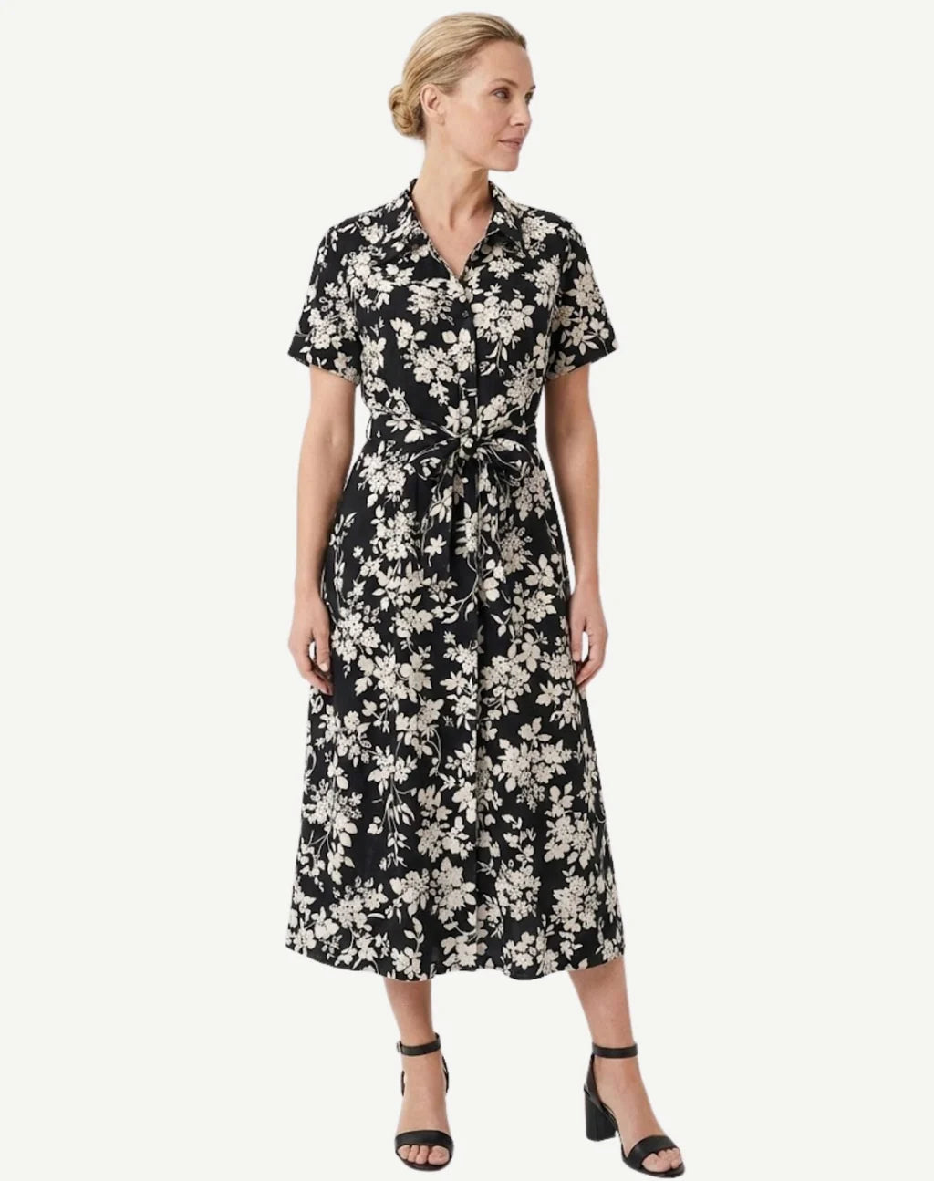 Corfu Black Cream Floral Cotton Shirt Midi Dress