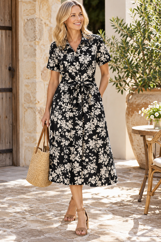 Corfu Black Cream Floral Cotton Shirt Midi Dress