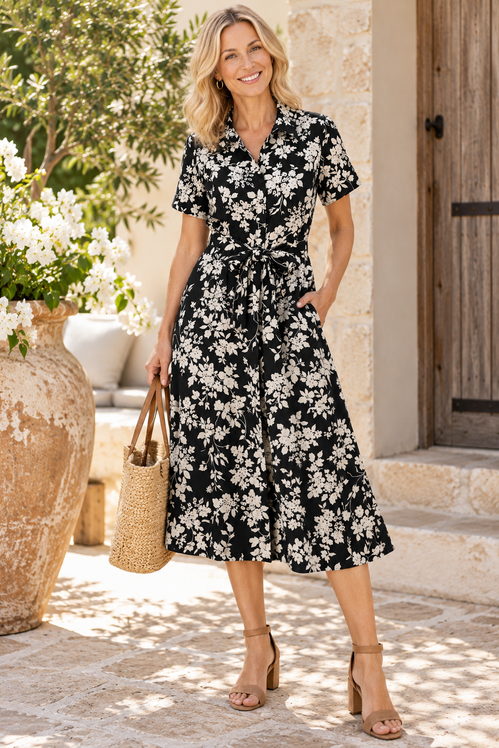 Corfu Black Cream Floral Cotton Shirt Midi Dress