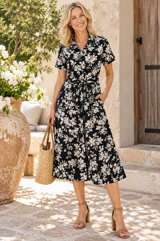 Corfu Black Cream Floral Cotton Shirt Midi Dress