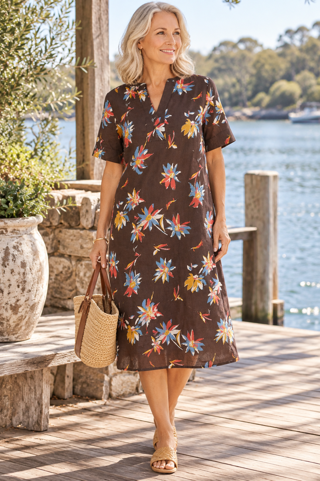 Corfu Sun Petal Printed Linen Midi Dress