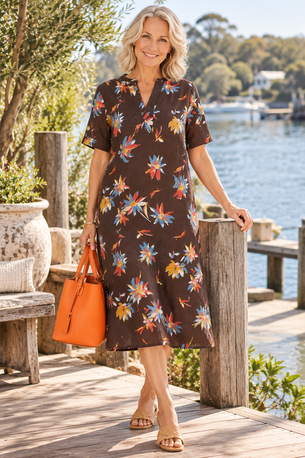Corfu Sun Petal Printed Linen Midi Dress