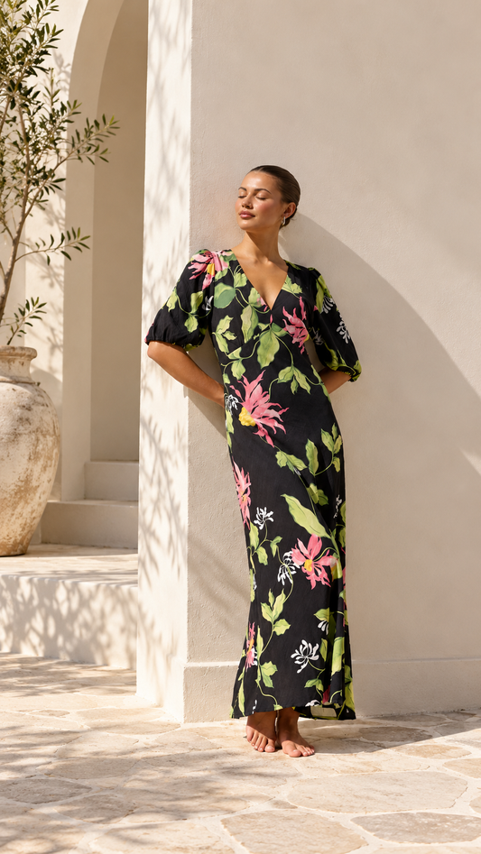 Among the Brave Amora Floral Maxi Dress Black Blush Floral