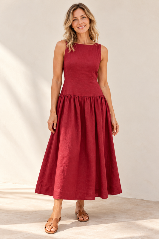 Stories To Be Told Linen Structured Sleeveless Maxi Dress Wine
