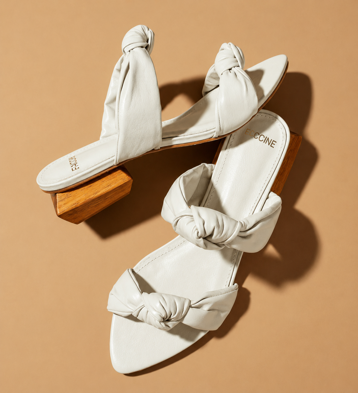 Faccine White Knot Leather Slides with Timber Heel (MAD34 V1)
